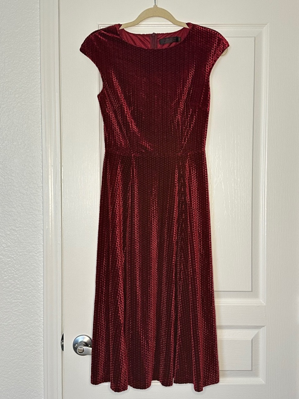 Red Velvet A-line Midi Dress with Short Cap Sleeves by Dresstells Small